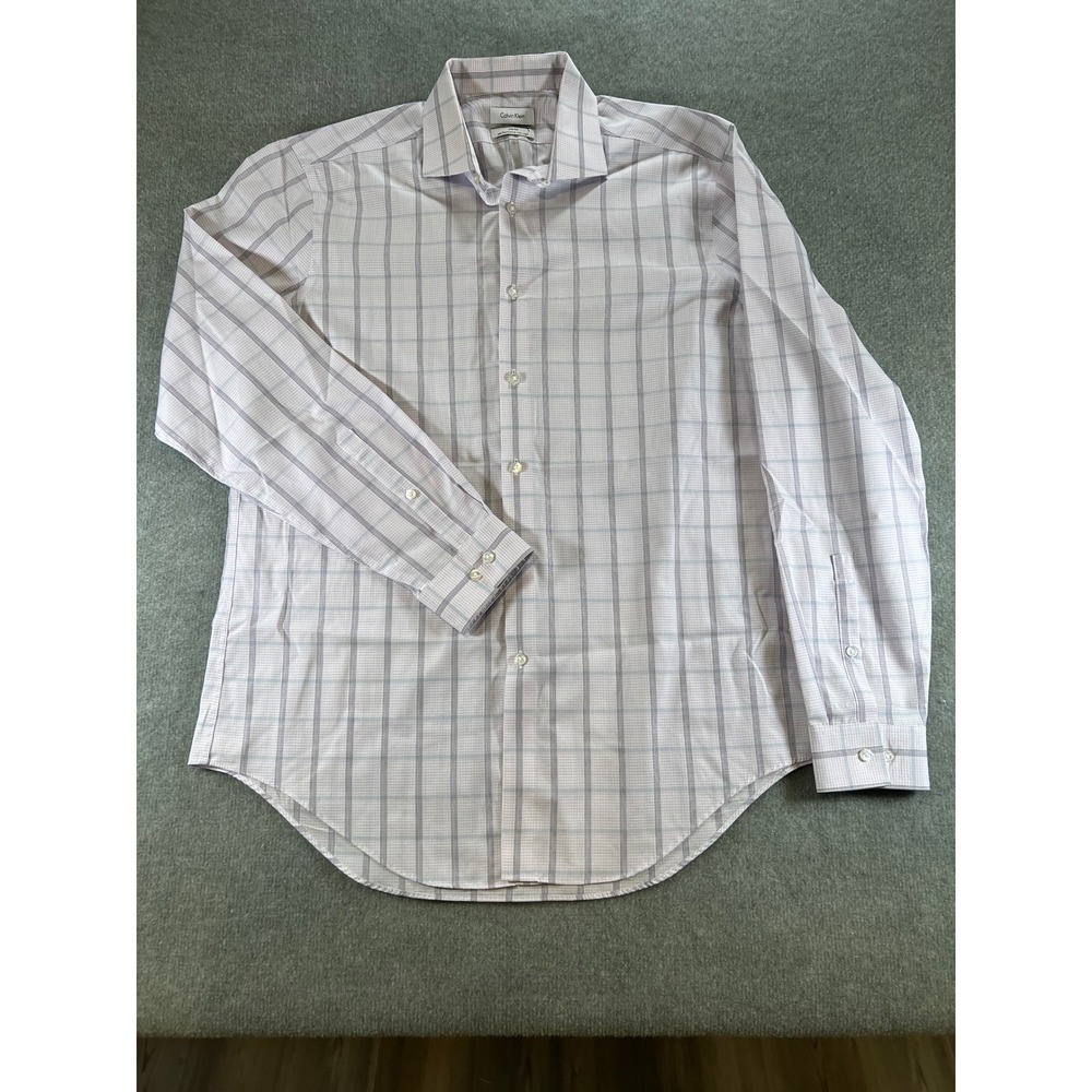 Calvin Klein Mens Slim Fit Performance Plaid Dress Shirt Purple 16.5 34/35
